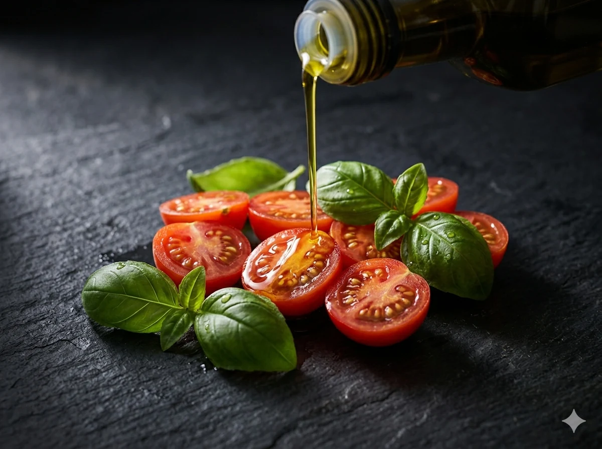 Huile d’olive extra vierge versée en filet sur des tomates fraîches