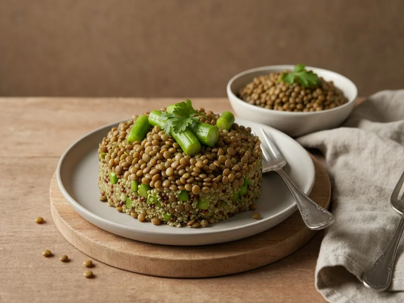bol de lentilles cuites accompagné de quinoa et de légumes verts, présentation soignée style cuisine maison, vue du dess…