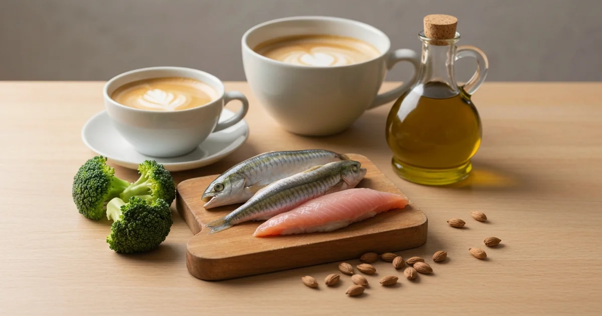 Assiette colorée avec légumes, poisson grillé, noix et huile d'olive pour la santé du foie