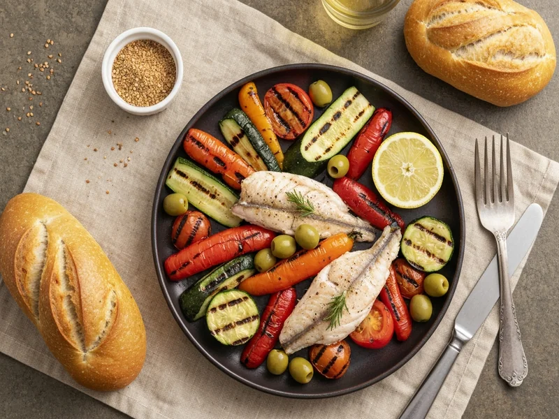 assiette méditerranéenne colorée avec légumes grillés, poisson, olives et pain complet, vue de dessu