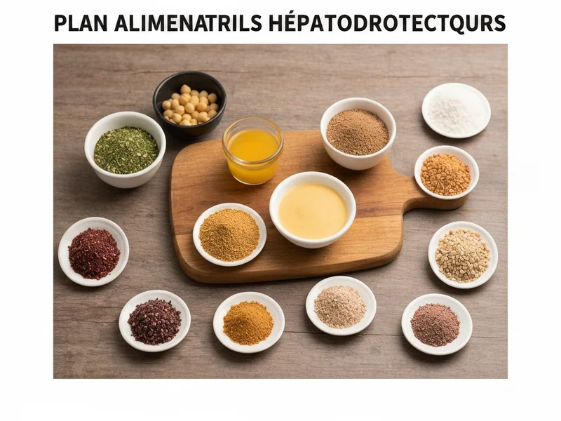 plan alimentaire hebdomadaire avec aliments hépatoprotecteurs colorés sur fond clair, style infograp