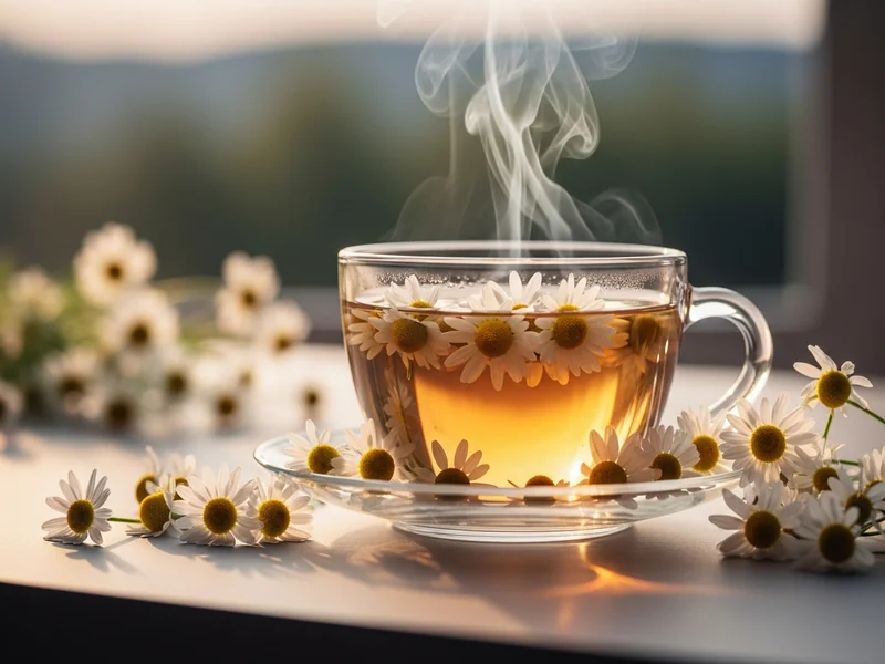 close-up of a steaming herbal tea cup with chamomile flowers on the side, evening warm lighting, cozy atmosphere, food p…