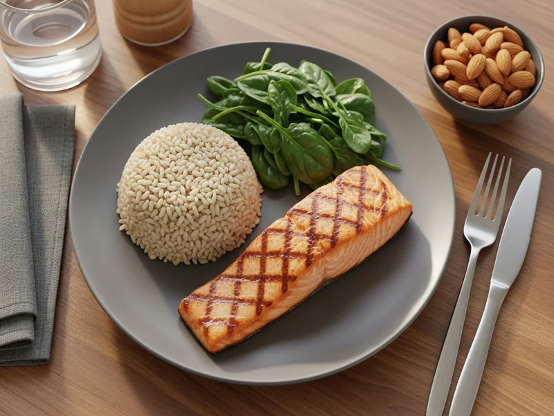 overhead shot of a balanced light evening meal on a wooden table, featuring grilled salmon, brown rice, steamed spinach…