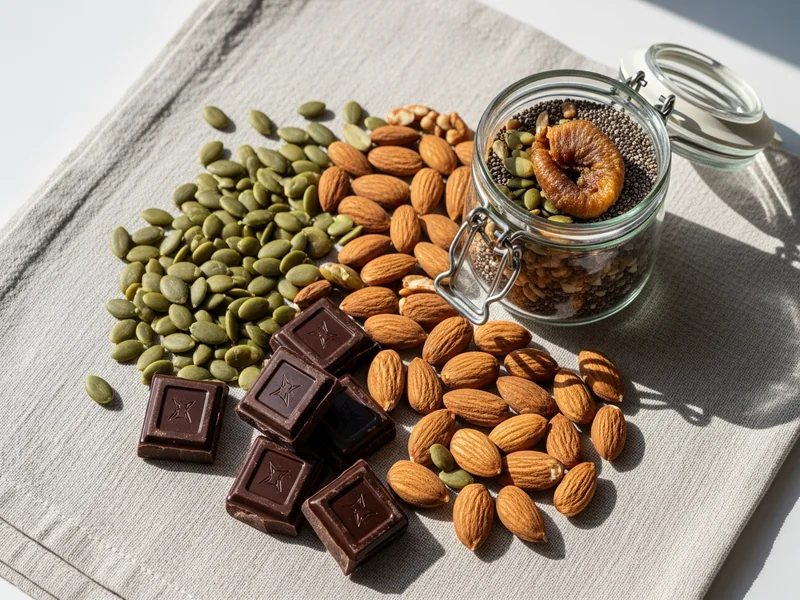 top-down close-up of pumpkin seeds, almonds, dark chocolate squares and a small glass jar of magnesium-rich foods arrang…