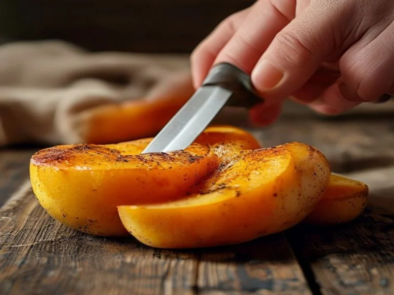 gros plan d’une main coupant une patate douce orange vif sur planche en bois, couteau japonais, lumi