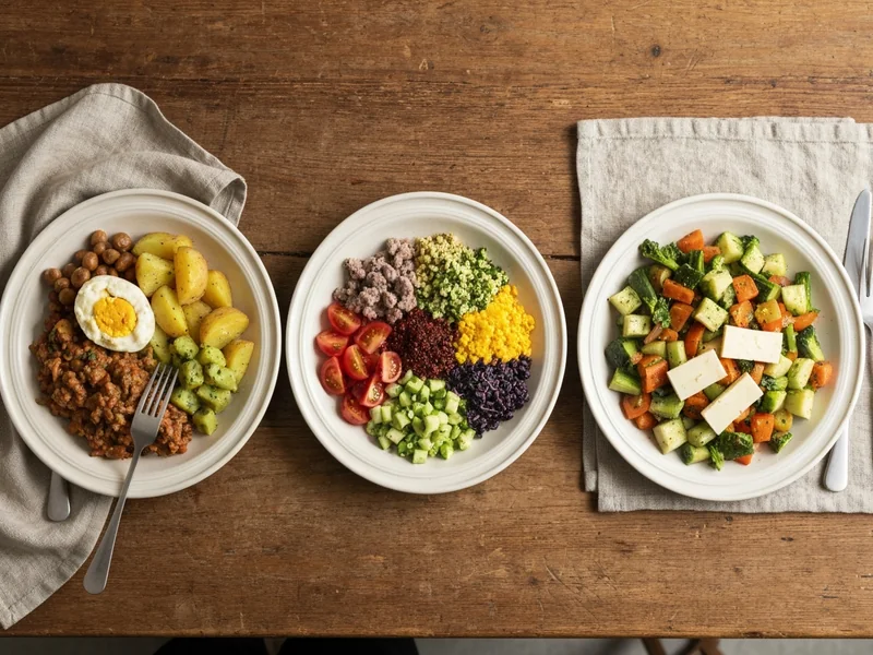 trois assiettes alignées sur une table en bois représentant trois menus différents - une assiette om