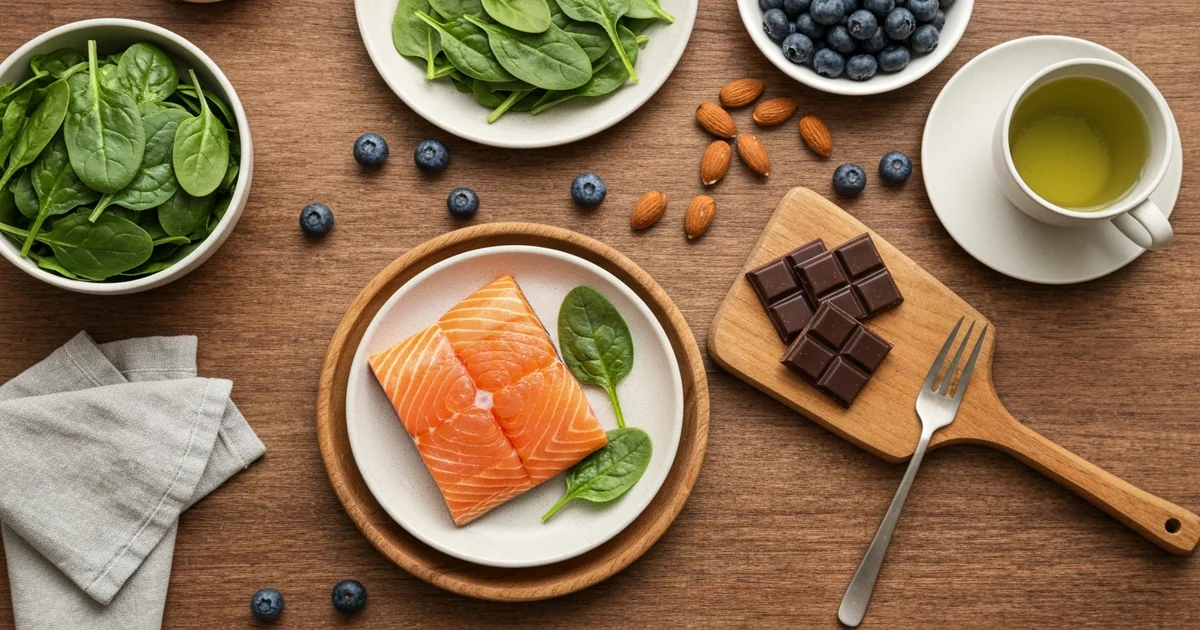 Bol d'épinards, saumon, amandes et chocolat noir sur table en bois, aliments anti-stress naturels