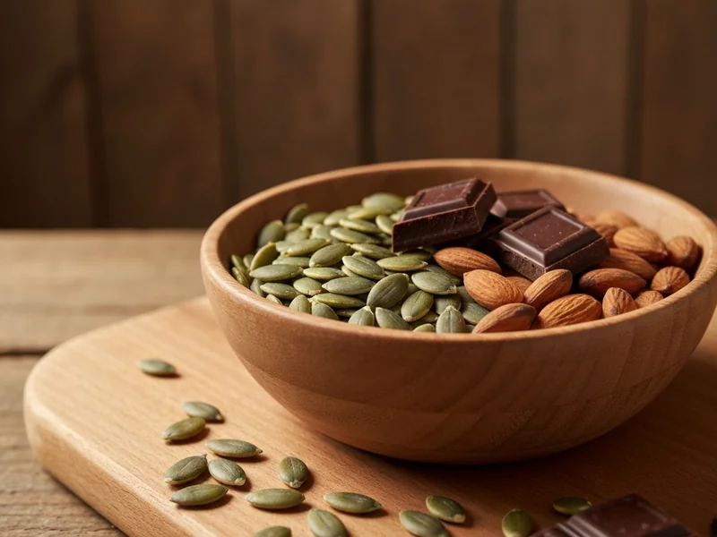 close-up of a wooden bowl filled with pumpkin seeds, almonds and dark chocolate squares, soft natura