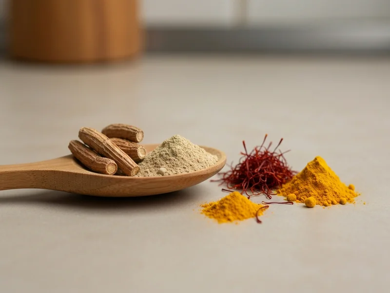 ashwagandha root and powder on a wooden spoon next to dried saffron threads and turmeric powder, neu