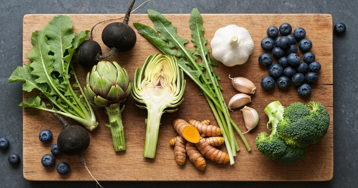 Composition d'aliments bons pour le foie : artichaut, radis noir, myrtilles, ail et curcuma sur planche en bois