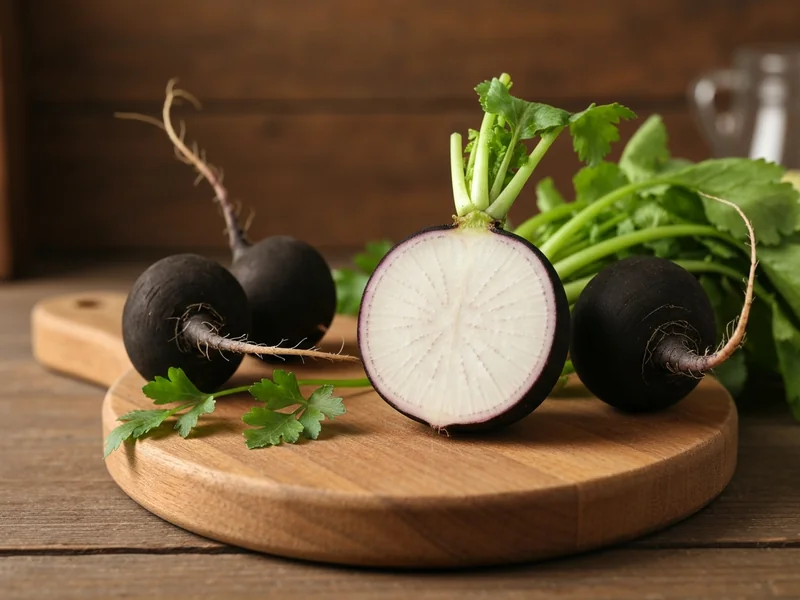 close-up of fresh black radish cut in half on wooden cutting board with whole black radishes and par
