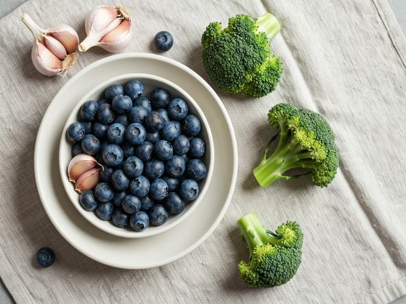 bowl of fresh blueberries with garlic cloves and broccoli florets arranged around it, on linen table