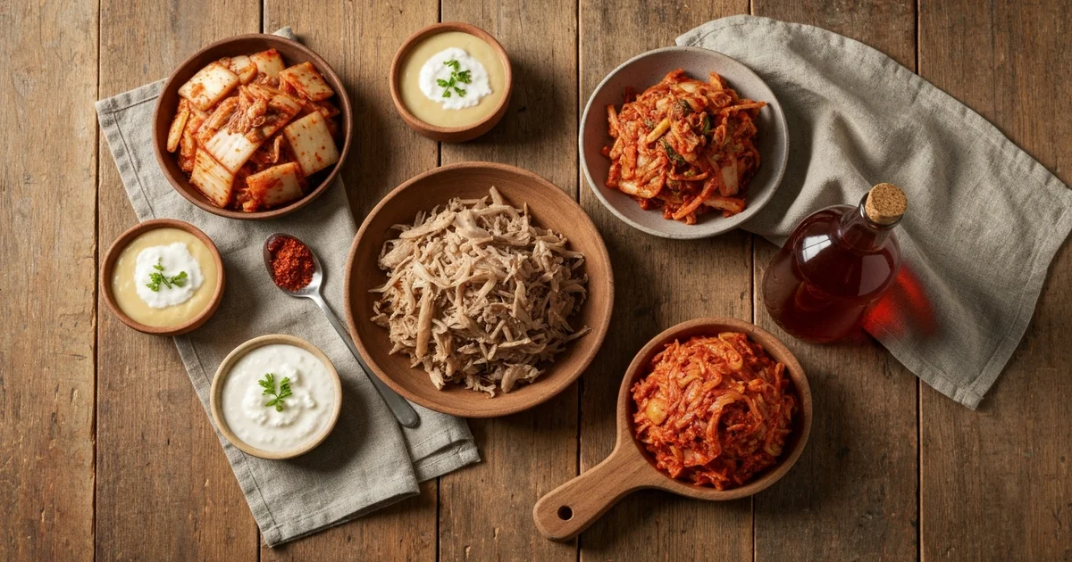 Assortiment d'aliments fermentés en bocaux : choucroute, kimchi, kéfir et kombucha disposés sur une table en bois