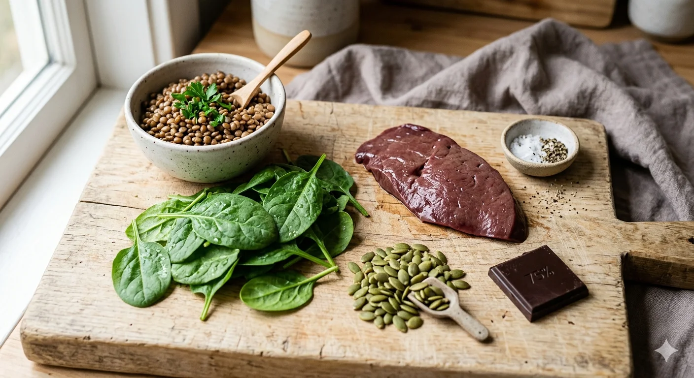 Composition de lentilles, graines de courge, foie de veau, chocolat noir et épinards sur planche en bois