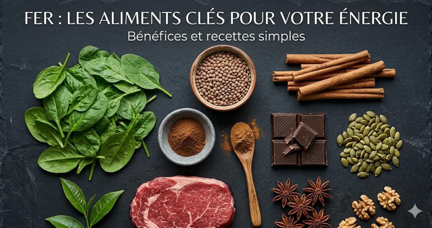 Assortiment d'aliments riches en fer : lentilles, graines de courge, foie, chocolat noir et épinards sur un plan de travail en bois