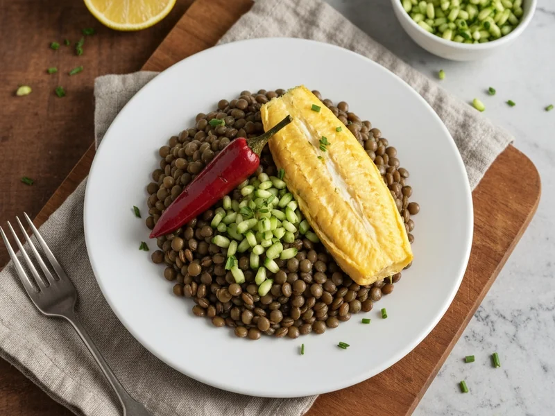plateau repas équilibré vu de dessus : bol de lentilles corail sur fond blanc, poivron rouge émincé,