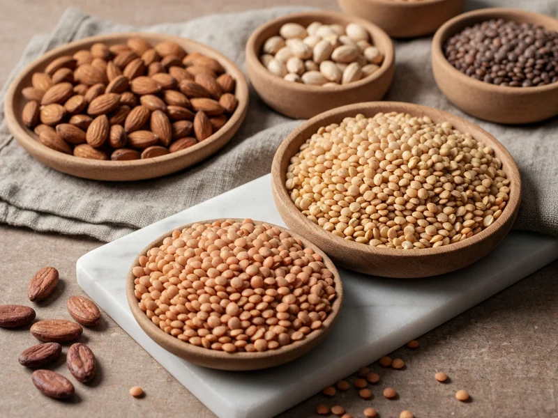 composition à plat vue de dessus de plusieurs petits bols contenant graines de courge, amandes, lentilles sèches, cacao…