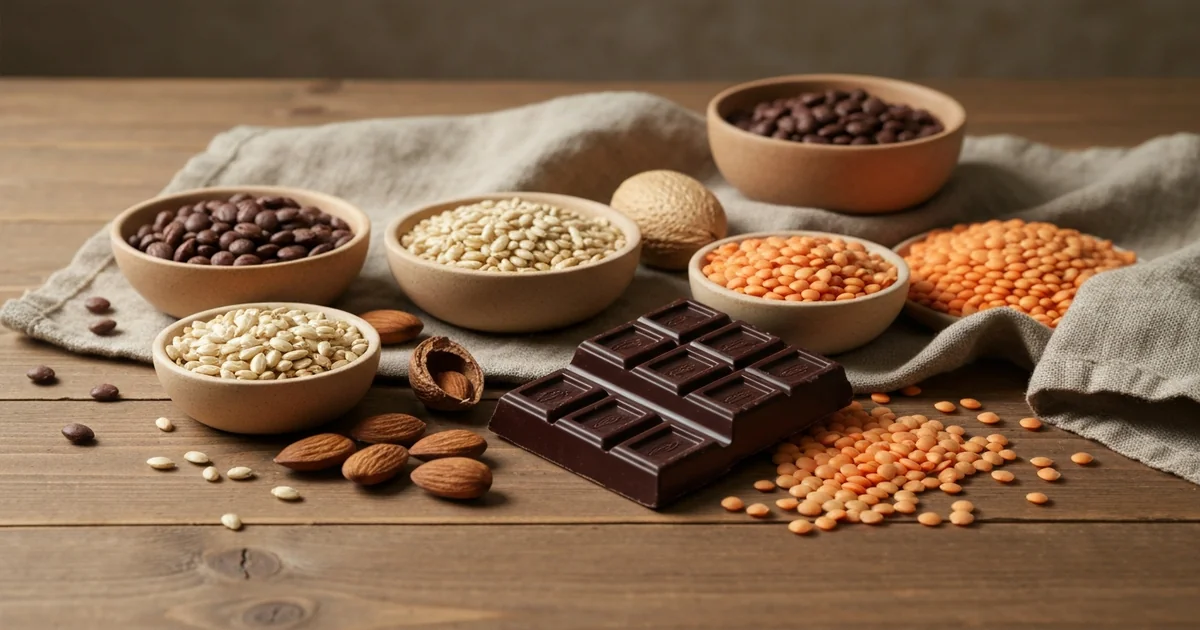 Assortiment d'aliments riches en magnésium : graines de courge, amandes, chocolat noir, épinards et lentilles disposés sur une table en bois