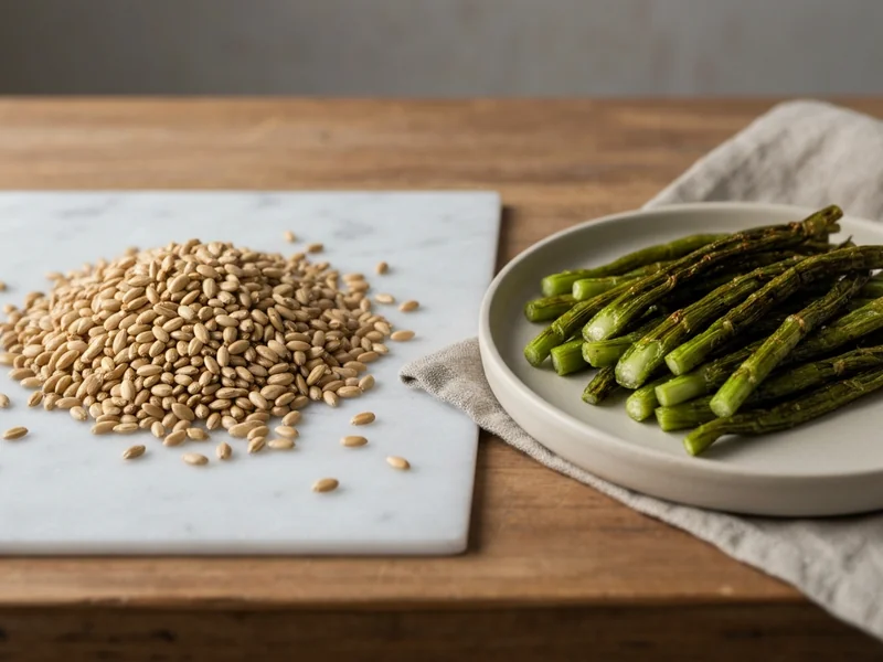 poignée de graines de courge à côté d’une assiette d’épinards cuits sur une table en bois, comparaison visuelle, lumière…