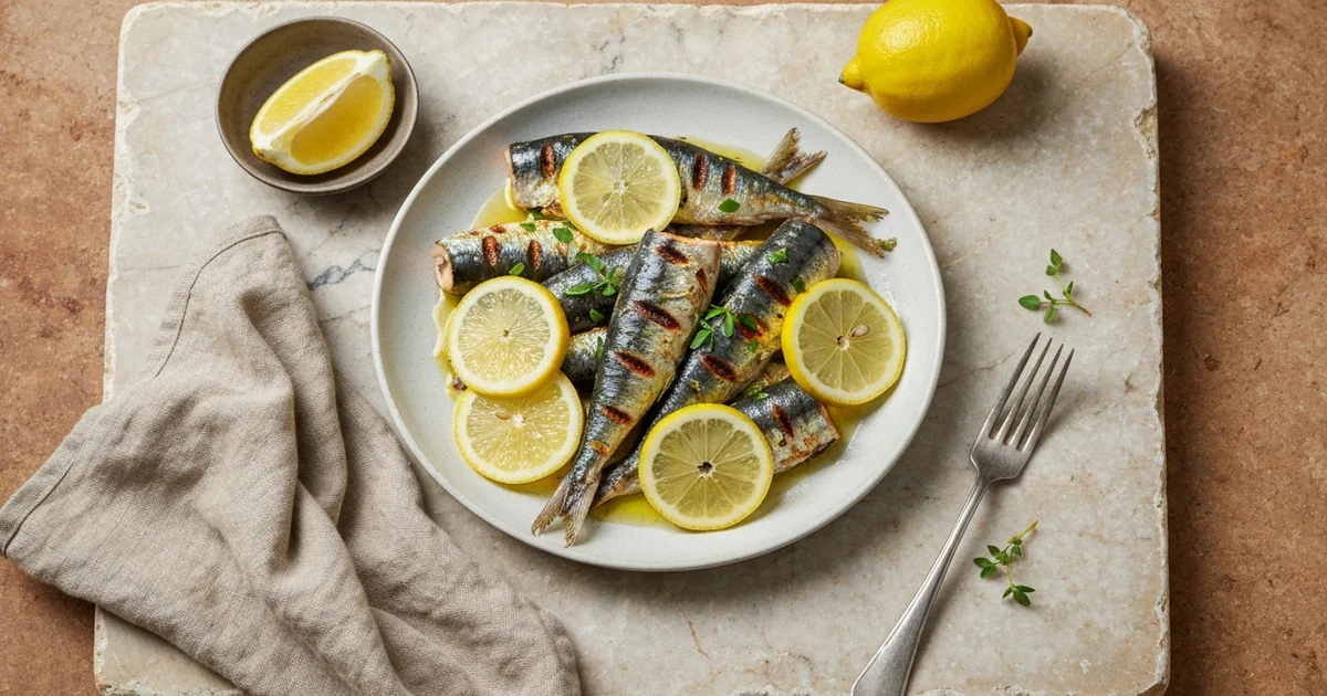 assiette de sardines grillées accompagnées de tranches de citron et d'herbes fraîches, fond de table