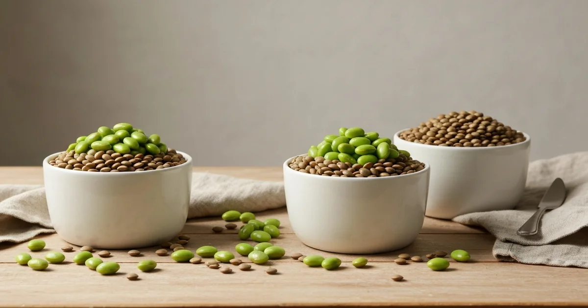 bols en céramique blanche contenant lentilles vertes, pois chiches dorés et edamame disposés sur une