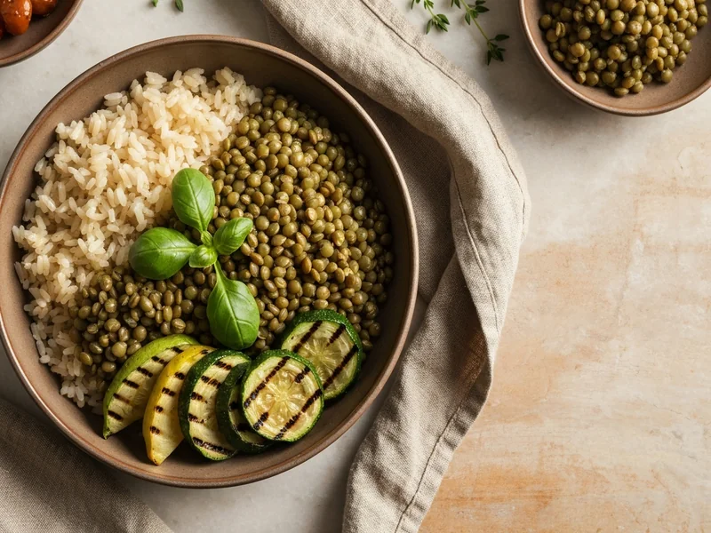 assiette colorée vue de dessus avec riz complet, lentilles vertes, légumes grillés et herbes fraîche