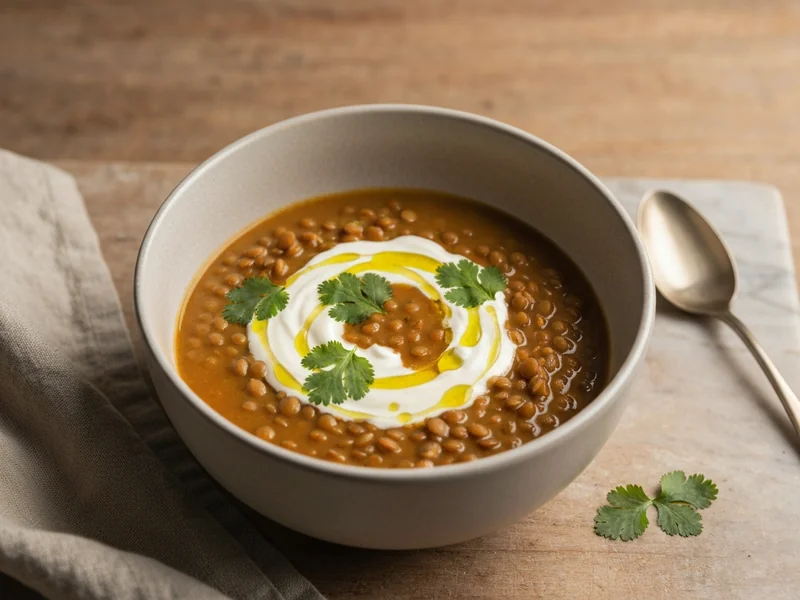 bol de soupe aux lentilles corail avec une touche de crème végétale et coriandre fraîche, fond bois