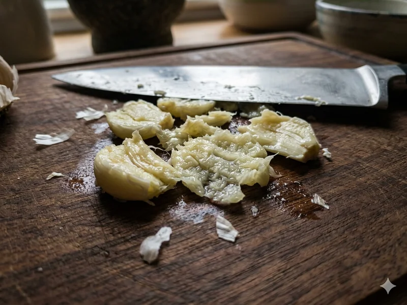 Macro photographique de gousses d&rsquo;ail fraîchement écrasées au plat d&rsquo;un couteau, sur une planche à découper en bois sombre, lumière latérale révélant la texture de la chair, ambiance cuisine maison