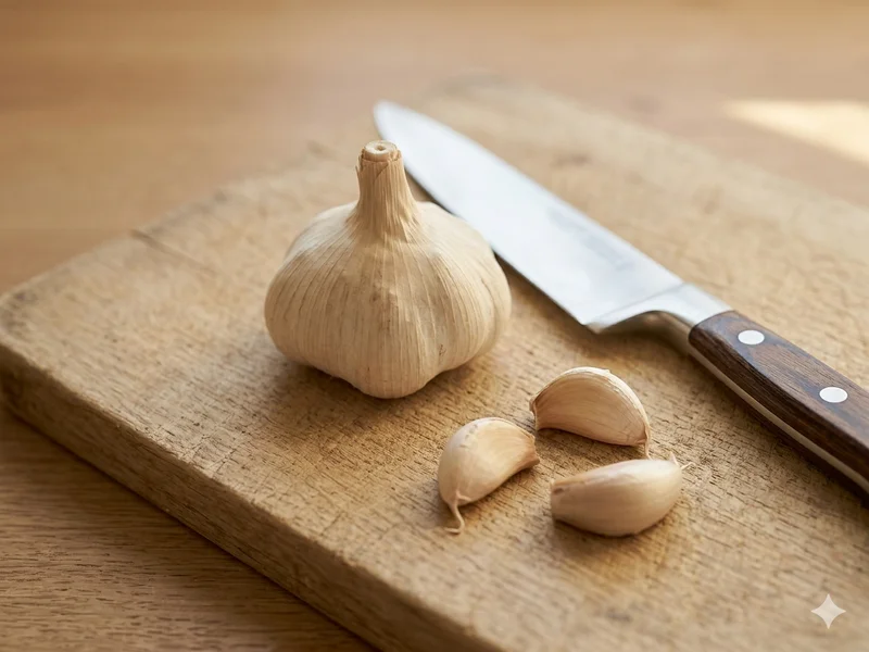 Photo culinaire en plongée légère d&rsquo;une tête d&rsquo;ail entière et de gousses séparées sur une planche en bois clair, avec un couteau de cuisine, une lumière naturelle douce et latérale, style éditorial sobre, palette beige et marron chaud