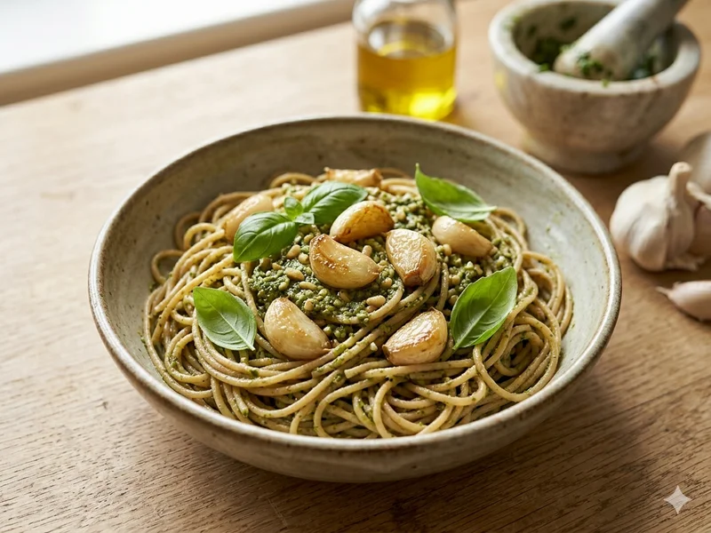 Photographie d&rsquo;un plat de pâtes complètes avec pesto maison, gousses d&rsquo;ail entières rôties et basilic frais, vue en angle à 45 degrés, lumière naturelle, ambiance cuisine méditerranéenne authentique