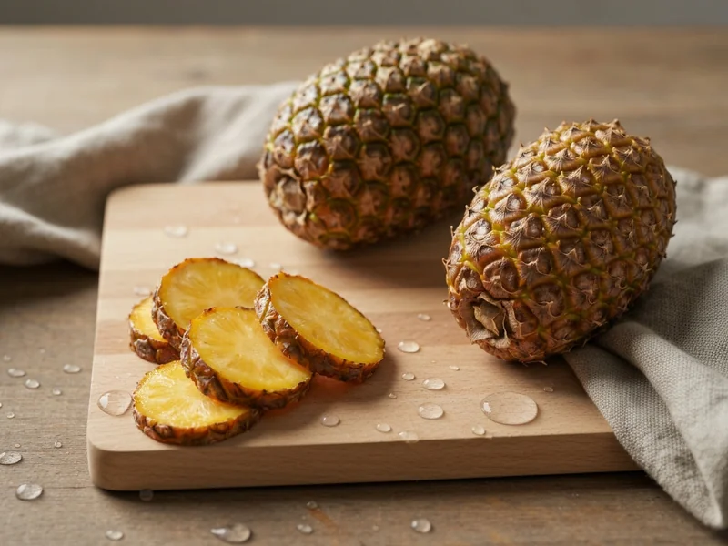 Ananas frais entier posé à côté de tranches juteuses sur une planche en bois clair, gouttes d’eau