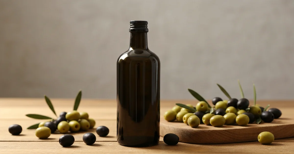 Filet d'huile d'olive extra vierge versé d'une bouteille en verre sombre sur une cuillère en bois, olives fraîches autour