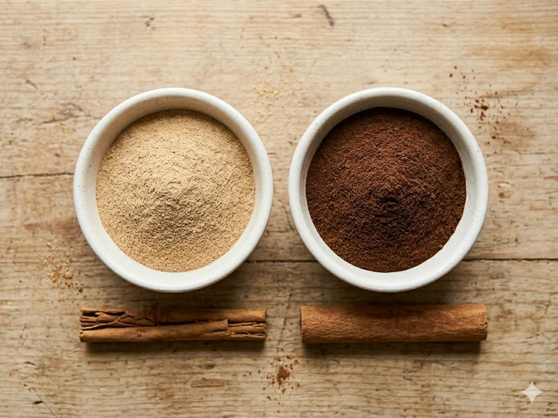 Comparaison bâtons de cannelle de Ceylan et de Cassia côte à côte