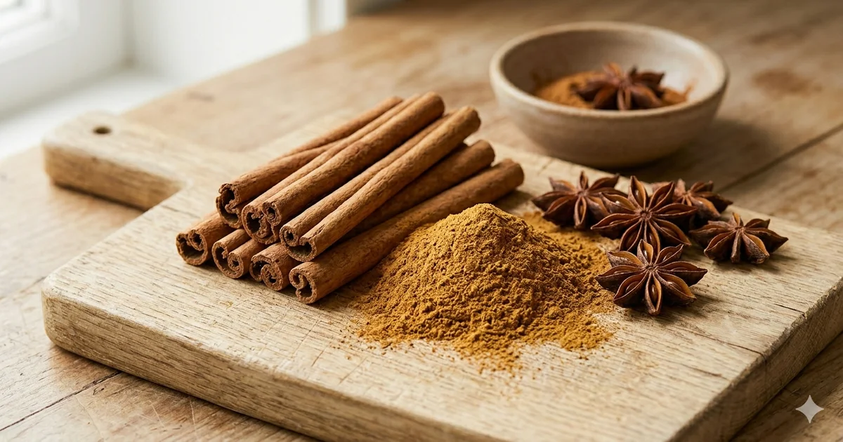 Bâtons de cannelle de Ceylan et poudre de cannelle sur planche en bois