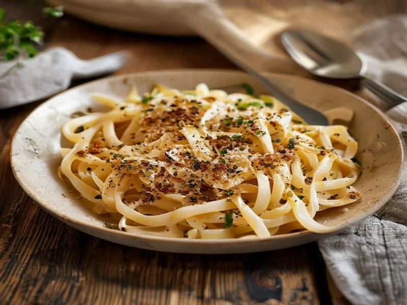 Assiette de pâtes complètes saupoudrées de paillettes de levure de bière, fourchette à côté, table en bois, lumière naturelle de cuisine, style photo de recette du quotidien