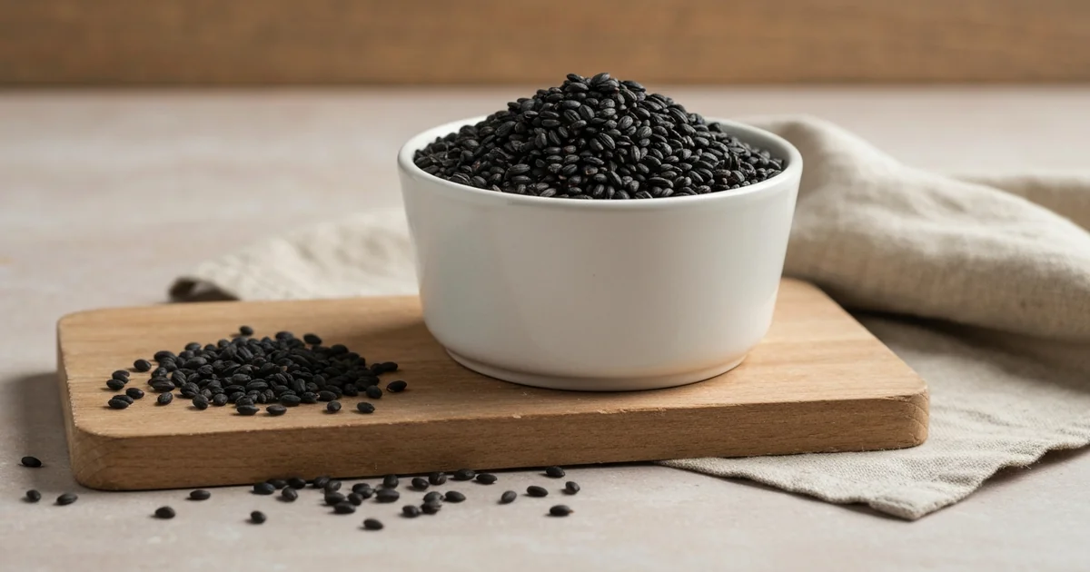 graines de nigelle noires dans un bol en céramique rustique blanc, quelques graines éparpillées sur