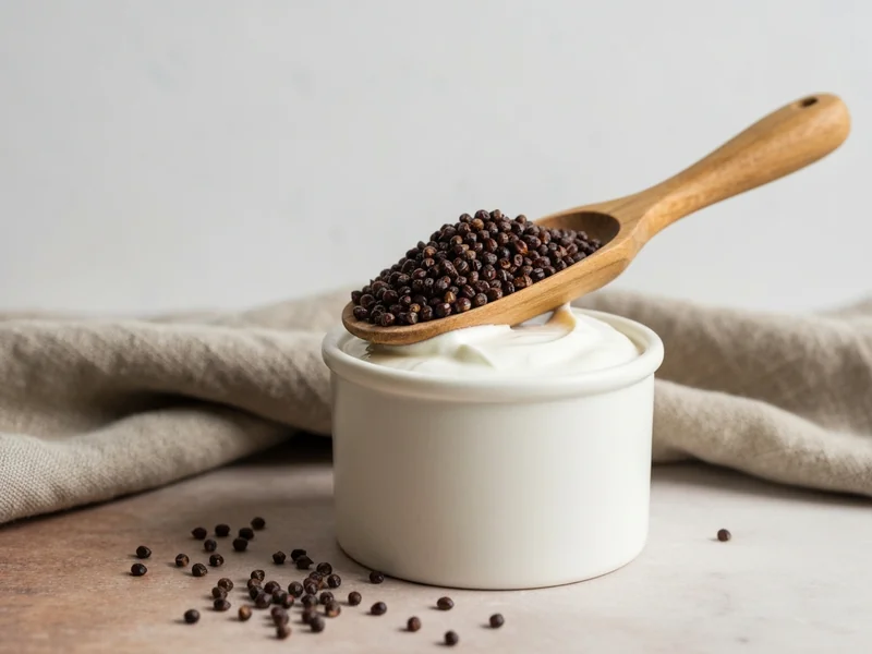 cuillère en bois remplie de graines de nigelle au-dessus d’un bol de yaourt blanc, filet d’huile de