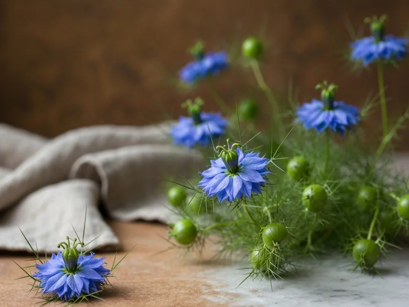 plante de Nigella sativa avec fleurs bleu pâle et capsules vertes gonflées, fond de jardin flou, lum