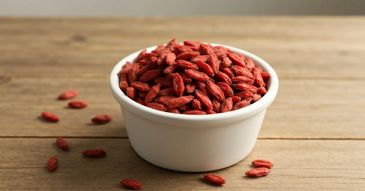 Petit bol en céramique rempli de baies de goji séchées rouges sur une table en bois clair