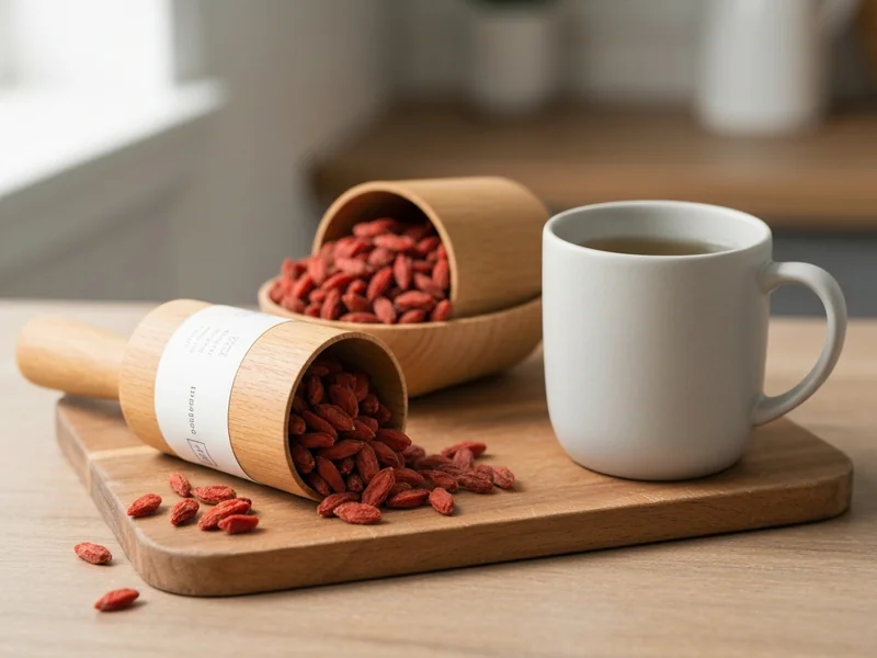 gros plan sur deux cuillères en bois remplies de baies de goji séchées, l’une à côté d’un mug en grè