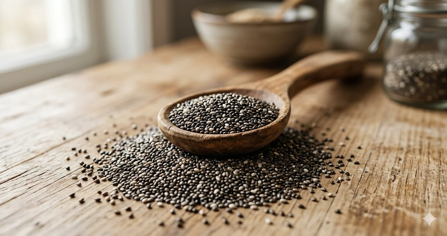 Graines de chia noires et blanches dans une cuillère en bois, avec un verre de pudding de chia en arrière-plan