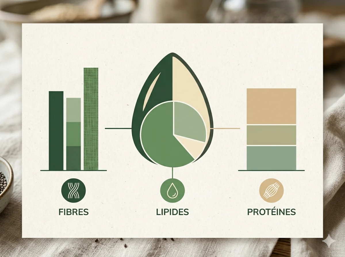Graphique nutritionnel minimaliste en illustration plate représentant les macronutriments des graines de chia (fibres, lipides, protéines), palette terreuse beige et vert, style infographie éditoriale