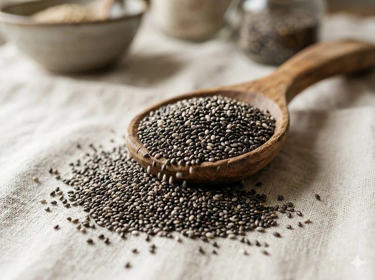 Gros plan de graines de chia noires et blanches débordant d&rsquo;une cuillère en bois sur fond de lin écru, lumière naturelle douce, style photographie culinaire éditoriale