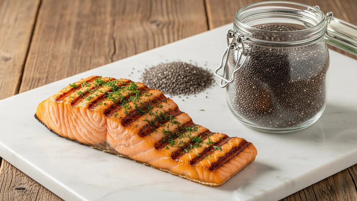 comparaison visuelle entre un filet de saumon grillé et un bol de graines de chia avec une légende p