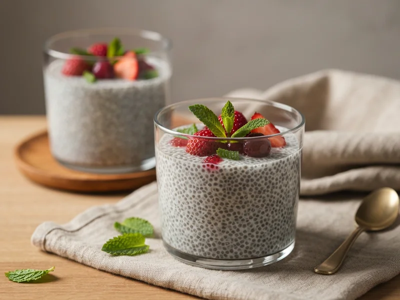 chia pudding dans un bocal en verre transparent garni de fruits rouges frais et quelques feuilles de