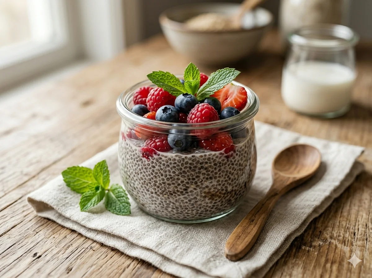 Pudding de chia dans un bocal en verre garni de fruits rouges frais et de menthe, posé sur une table en bois clair, lumière du matin, style petit-déjeuner sain