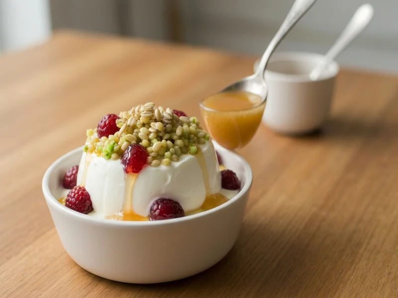 graines de courge en topping sur un yaourt nature avec fruits rouges et miel, bol en céramique blanc