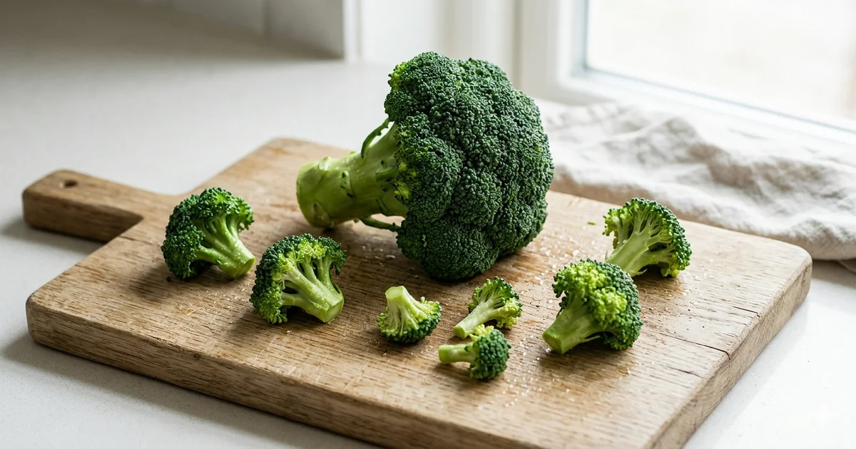 Bouquets de brocoli vert vif fraîchement coupés sur planche en bois, lumière naturelle