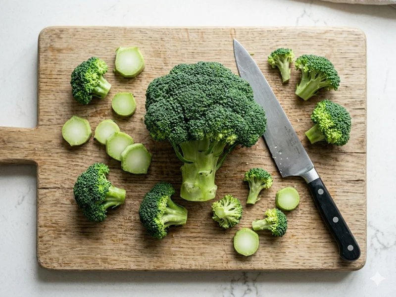 Bouquets de brocoli vert vif fraîchement coupés sur planche en bois, lumière naturelle