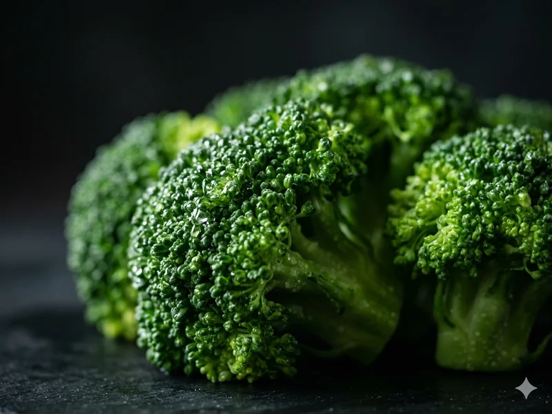 Brocoli vapeur dans bol blanc entouré de demi-orange, citron et graines, présentation nutritionnelle